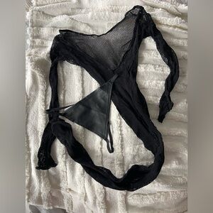 Black Mesh Bodysuit with leather-like string thong panties